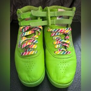 Reebok 25th anniversary freestyle classic neon green. comes with rainbow laces.